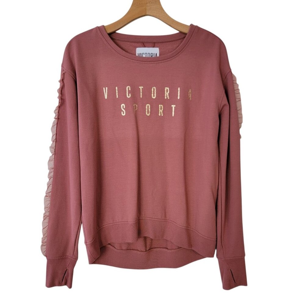 Victorias Secret Sport Sweatshirt Womens Size Small Pink Blush Ruffle Glitter